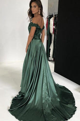Elegant A-line Off the Shoulder Slit Dark Green Satin Prom Dresses with Appliques Long Party Dresses
